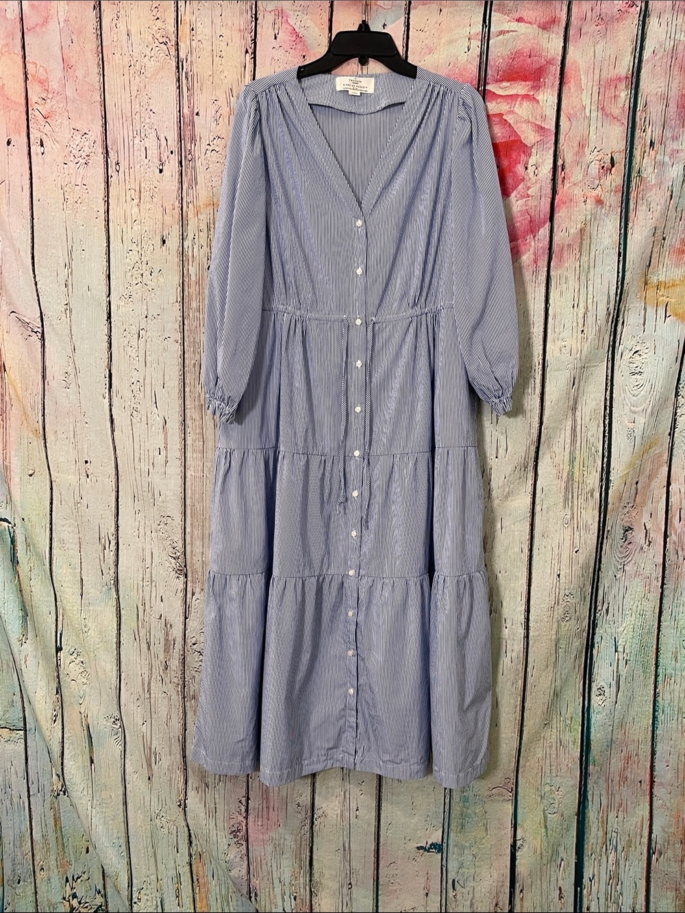 Trovata Blue and White Striped Long Sleeve Tiered Maxi Dress